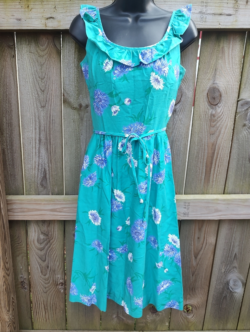 🏵️ Malia VTG 60-70's Green Floral Tie Waist Cotton  Sundress
